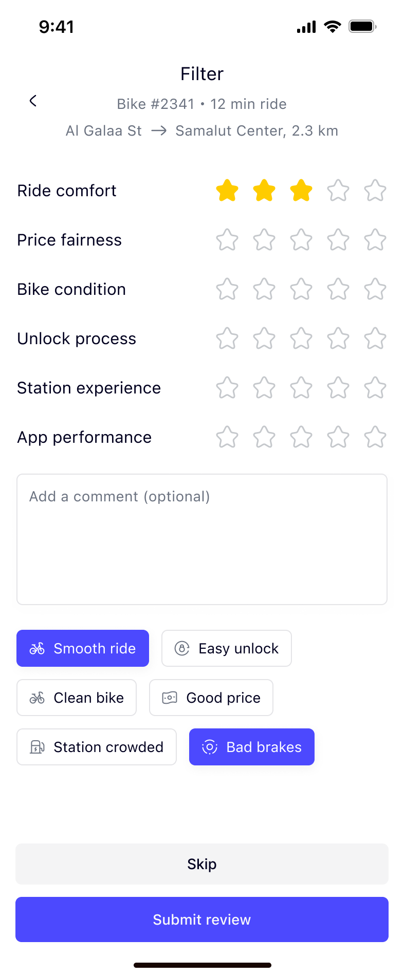 Post-ride review with six rated dimensions and quick tag chips